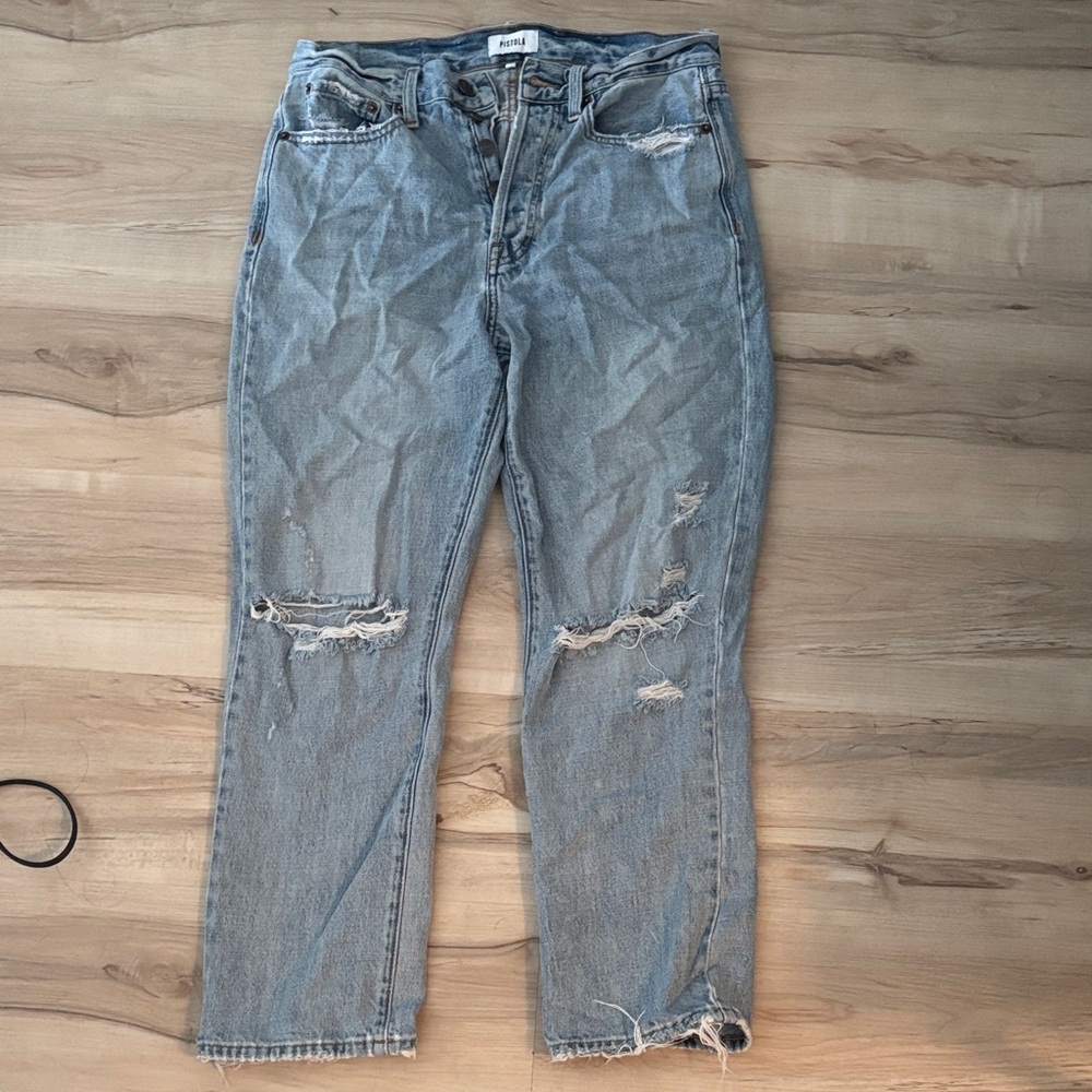 Zara Light Blue Distressed Straight Leg Jeans